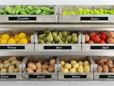 Fresh Fruit Market Display With Lemons Oranges Pears Apples In Wooden Crates 3d model