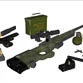 Military Weapons Display Featuring Sniper Rifle With Scope Pistol Ammunition Box Grenades And Bullets