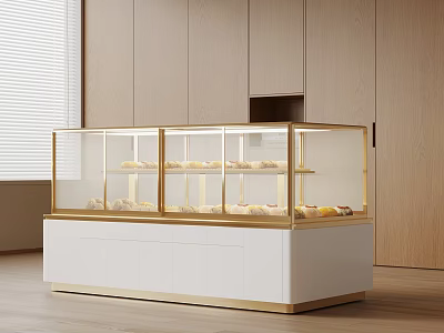 Modern Display Cabinet Shelf With Gold Frame White Base And Transparent Glass For Pastry 3d model