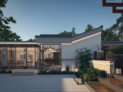 Modern New Chinese Style Villa Exterior Wall With Delicate Wooden Decoration And Tranquil Courtyard Landscape 3d model