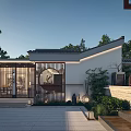 Modern New Chinese Style Villa Exterior Wall With Delicate Wooden Decoration And Tranquil Courtyard Landscape