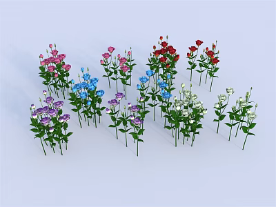 Colorful Decorative Flower Bouquets With Pink Red Blue Purple White Blooms And Green Stems Leaves 3d model