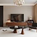 Modern Living and Dining Room with Brown Sofa Round Chandelier and Decorative Painting