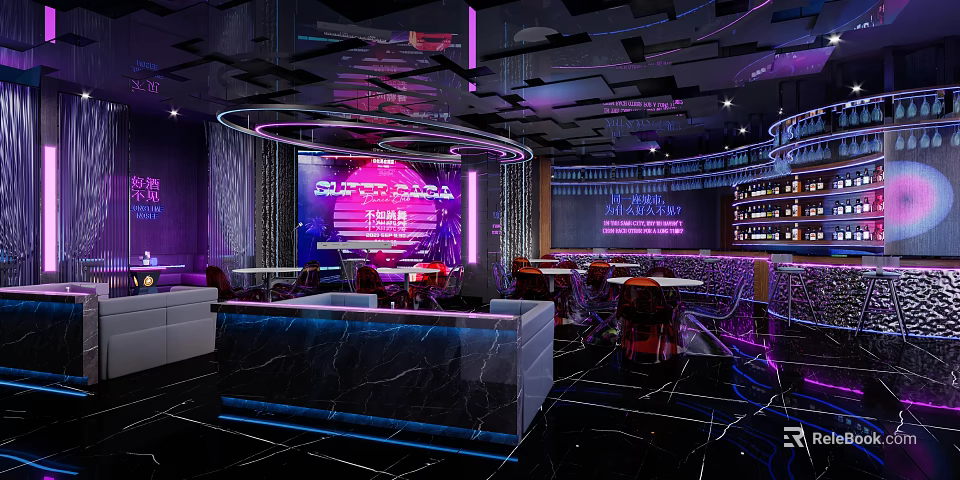 Stylish Modern Bar Interior Featuring Neon Lights Bar Counter Seating And Wine Racks 3d model 