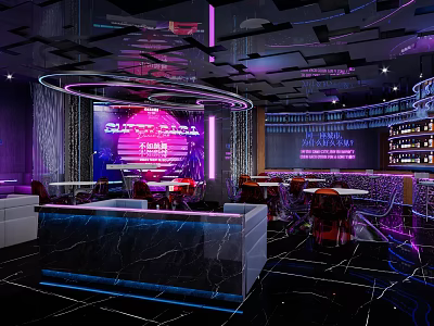 Stylish Modern Bar Interior Featuring Neon Lights Bar Counter Seating And Wine Racks 3d model