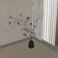 Decorative Black Stacked Vase With Red Berry Twigs Against Neutral Wall Natural Light Curtain Rug