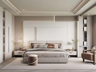 Modern Bedroom Interior Design With Large Bed Nightstands Pendant Light Area Rug And Accent Chair 3d model