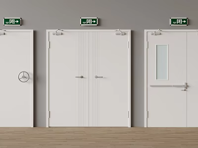 Fire Safety Equipment Featuring White Emergency Exit Doors And Green EXIT Signs With Arrows 3d model