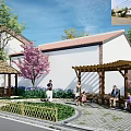 Rural Landscape with White Houses Red Roofs Pink Flowering Trees Greenery Pavilion and People Resting