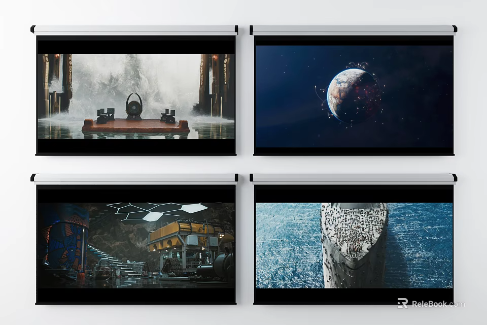Four Diverse Visual Scenes Displayed on Projection Screens with Varied Themes 3d model 