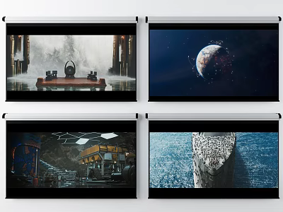 Four Diverse Visual Scenes Displayed on Projection Screens with Varied Themes 3d model