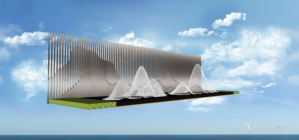 Modern Metallic Feature Wall With Vertical Slats And White Mesh Mountain Decorations On Green Grass 3d model 
