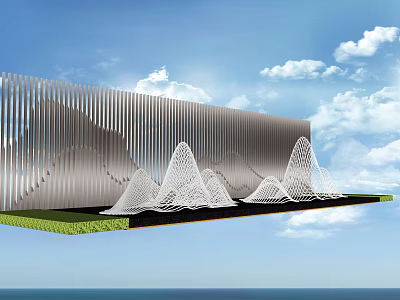 Modern Metallic Feature Wall With Vertical Slats And White Mesh Mountain Decorations On Green Grass 3d model