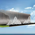 Modern Metallic Feature Wall With Vertical Slats And White Mesh Mountain Decorations On Green Grass