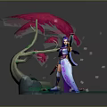 Female Character In Purple Blue Outfit With Red Tree Floating Lotus Petals And Water Area