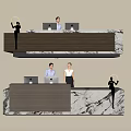 Modern Reception Desk With Receptionists Computers Marble Wooden Countertop And Golden Decorative Lamp