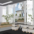 Modern Open Lounge Area Interior With White Architecture Large Windows Green Plants And Courtyard View