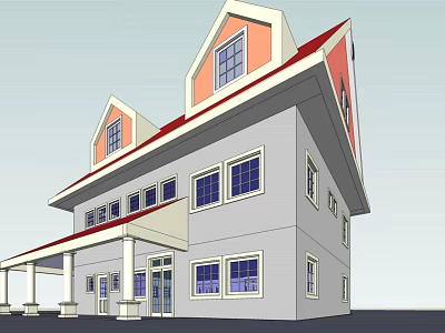 Two Story Detached Villa With Red Roof Light Gray Walls And Porch Columns 3d model