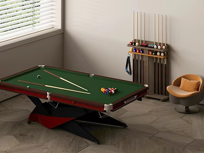 Billiard Room with Green Felt Pool Table Cue Sticks Rack and Brown Chair 3d model