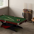 Billiard Room with Green Felt Pool Table Cue Sticks Rack and Brown Chair
