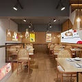 Modern Restaurant Interior With Wooden Tables Chairs Buffet Counter And Red Signs