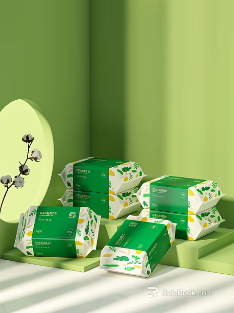 Green Packaging Lemon Pattern Tissue Boxes Stacked With Cotton Branch For Daily Necessities 3d model 
