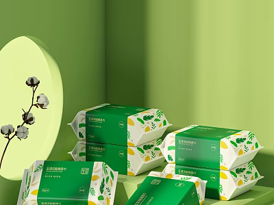 Green Packaging Lemon Pattern Tissue Boxes Stacked With Cotton Branch For Daily Necessities 3d model