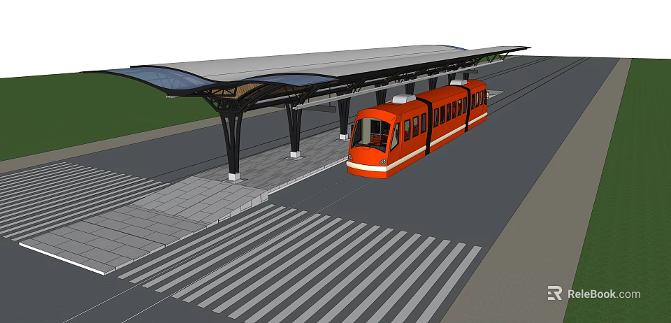 Urban Station Platform Featuring Orange Train Canopy Shelter And Zebra Crossing 3d model 