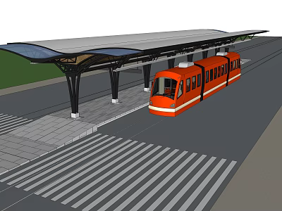 Urban Station Platform Featuring Orange Train Canopy Shelter And Zebra Crossing 3d model