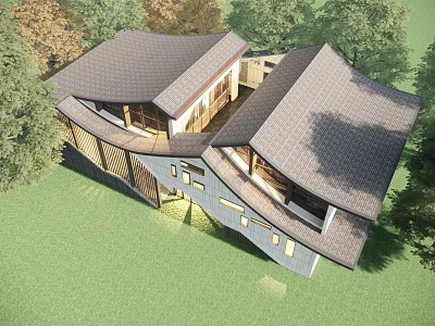 Modern Hotel Building With Unique Roof Design Surrounded by Green Trees and Grassland 3d model