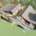 Modern Hotel Building With Unique Roof Design Surrounded by Green Trees and Grassland