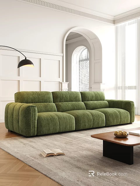 Green Tufted Three Seater Sofa in Modern Living Room with Floor Lamp and Coffee Table 3d model 