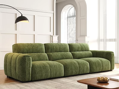 Green Tufted Three Seater Sofa in Modern Living Room with Floor Lamp and Coffee Table 3d model