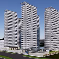 Modern High Rise Residential Buildings with Green Roofs and Surrounding Urban Roads