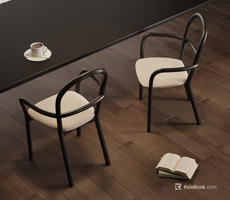 Single Chair With Black Frame Beige Cushion Dark Wooden Floor Coffee Cup And Open Book 3d model 