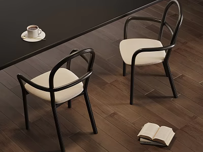 Single Chair With Black Frame Beige Cushion Dark Wooden Floor Coffee Cup And Open Book 3d model