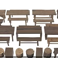 Various Styles Wooden Table And Chair Sets With Different Sizes And Round Stools