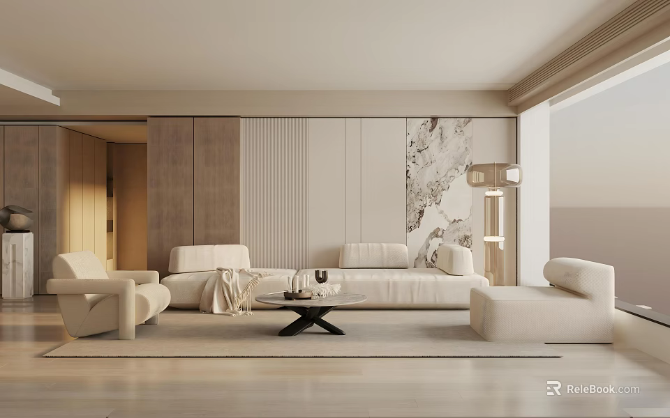 Elegant Modern Living Room Interior With Beige Sofa Wooden Wall And Coffee Table 3d model 