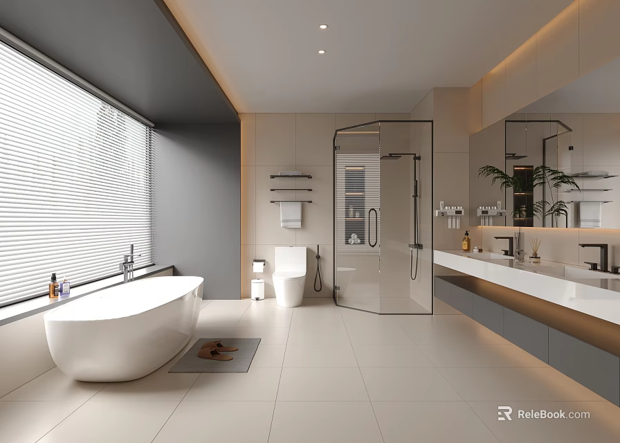 Modern Bathroom Interior Design With Bathtub Glass Shower Cabin And White Tiles Mirror 3d model 