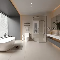 Modern Bathroom Interior Design With Bathtub Glass Shower Cabin And White Tiles Mirror