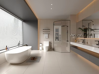 Modern Bathroom Interior Design With Bathtub Glass Shower Cabin And White Tiles Mirror 3d model