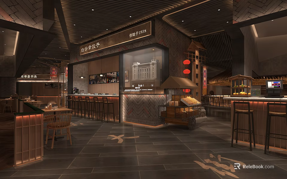 Traditional Chinese Restaurant Interior With Wooden Bar Lanterns And Dining Tables 3d model 