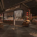 Traditional Chinese Restaurant Interior With Wooden Bar Lanterns And Dining Tables