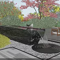Garden Ornament With Stone Water Fountain Green Shrubs Red Foliage Pebbles Stone Pavement And Seating