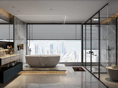 Modern Bathroom With Marble Walls Freestanding Bathtub Glass Shower And City View Window 3d model