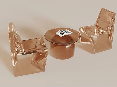 Modern Amber Transparent Table And Chair Set With Round Glass Tabletop And Sculptural Chairs 3d model
