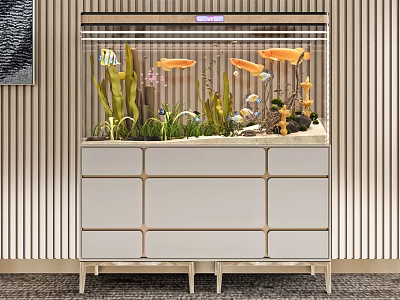 Modern Aquarium With Colorful Fish Aquatic Plants Decor And Cabinet 3d model