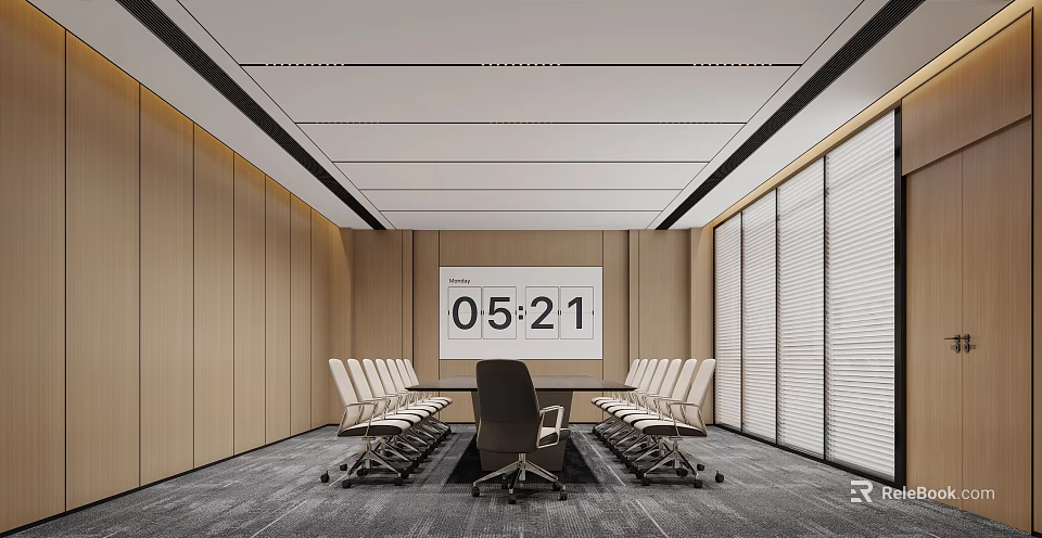 Modern Conference Room Interior With Long Table Digital Clock Wooden Walls And Blinds 3d model 