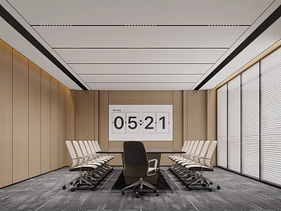 Modern Conference Room Interior With Long Table Digital Clock Wooden Walls And Blinds 3d model