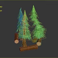 Stylized 3D Green Pine Trees With Natural Wooden Logs Decoration